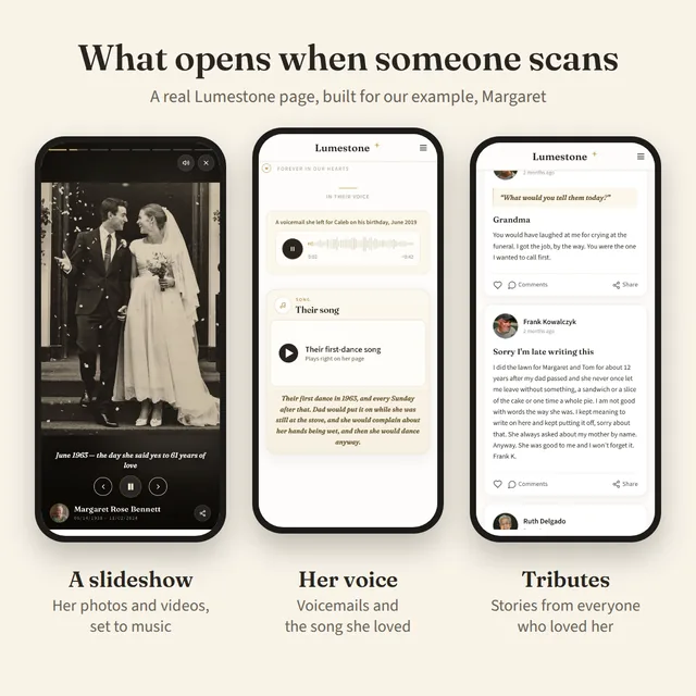 What opens when someone scans: a slideshow of her photos and videos, her voicemails and favorite song, and tributes from family