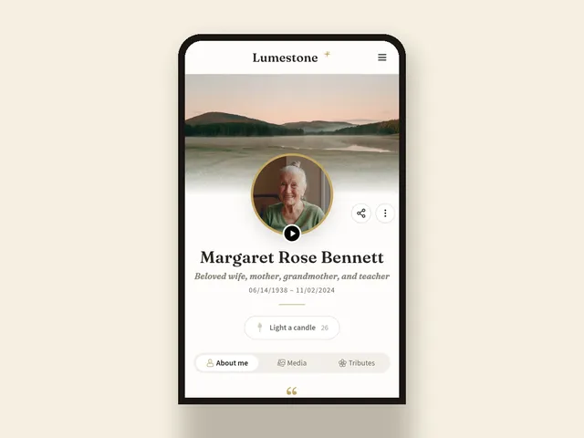 A Lumestone memorial page open on a phone